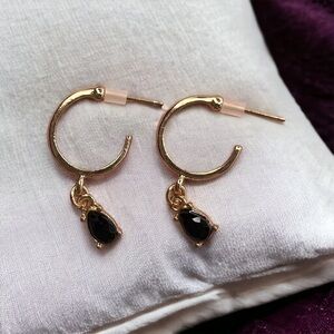 Black Rhinestone Teardrop Gold Plated Huggie Earrings